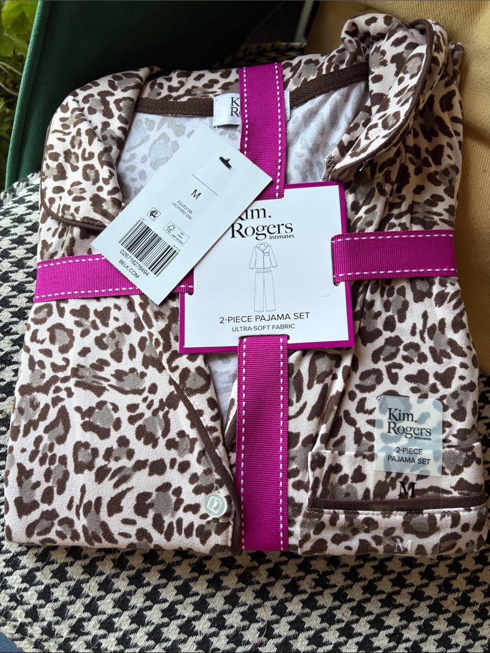 Kim Rogers Leopard Print Pajama Set in Taupe & Brown with Pink Ribbon